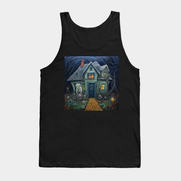 Creepy Cute Haunted House with Ghost Tank Top by EpicFoxArt